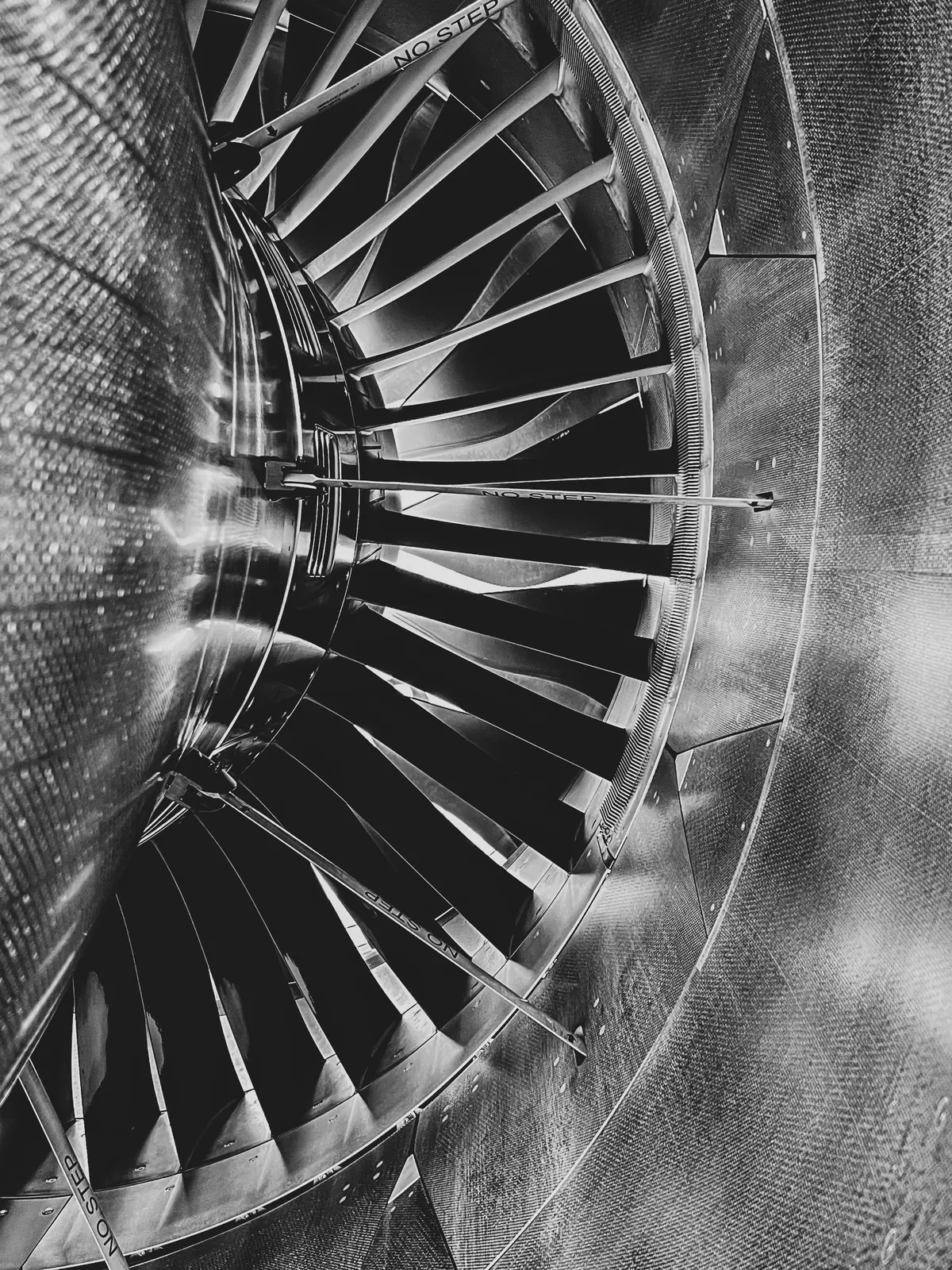 Close-up of a turbine engine’s fan blades